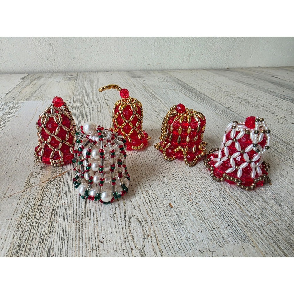 Vintage beaded Bell set ornament red Pearl Xmas gold tree